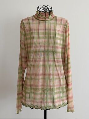 Pilcro Sheer Plaid Mock Neck Long Sleeve Top in Pink & Green